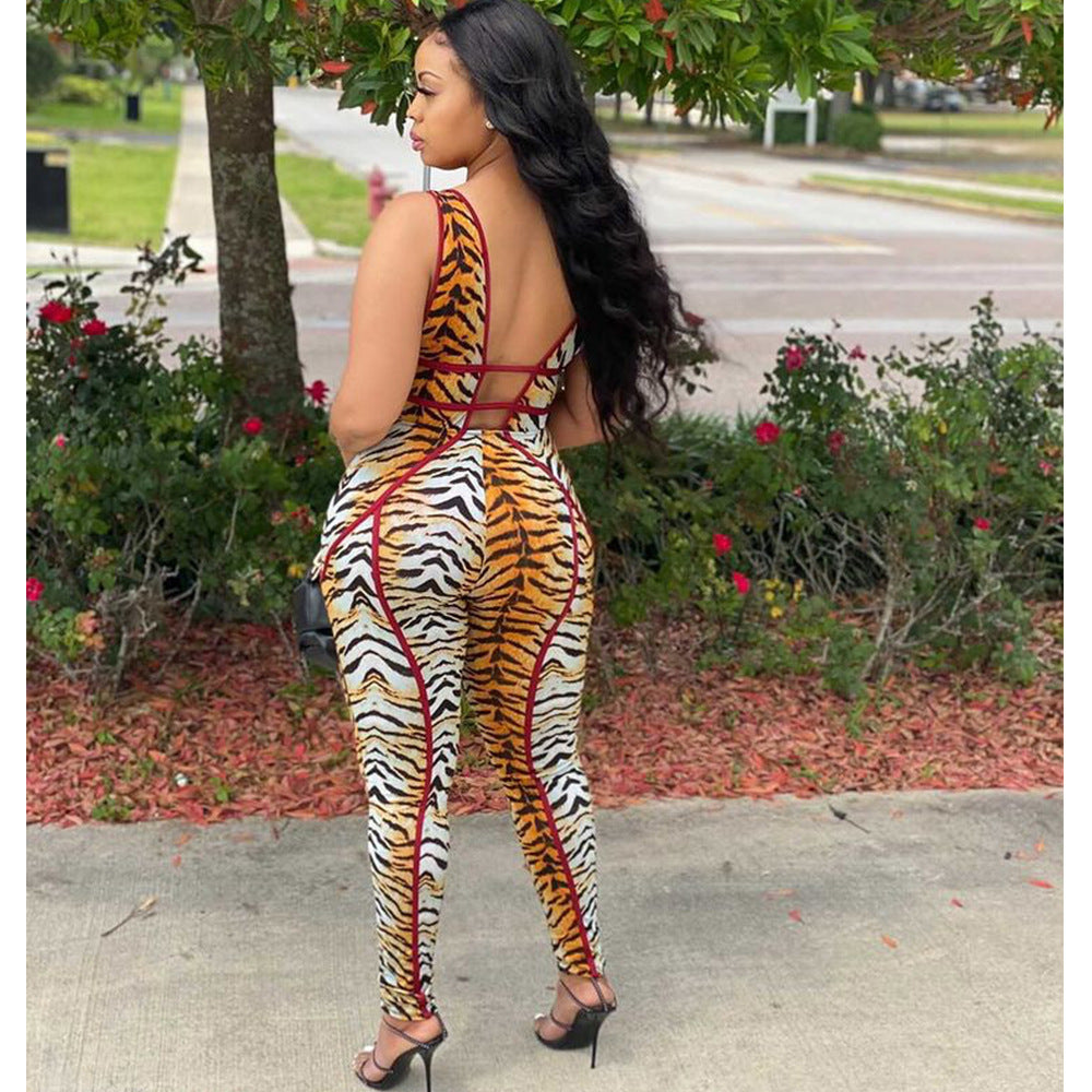 Sleeveless Hollow Animal Printed Jumpsuit