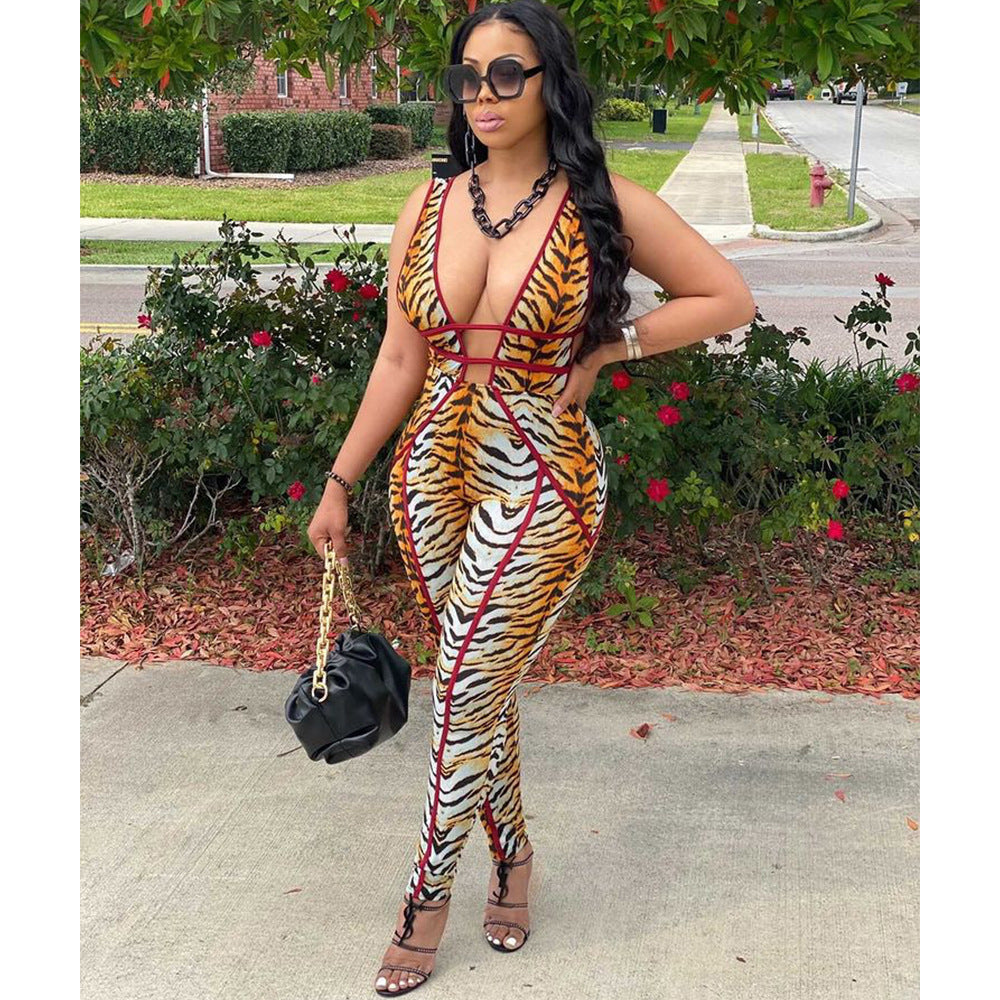 Sleeveless Hollow Animal Printed Jumpsuit