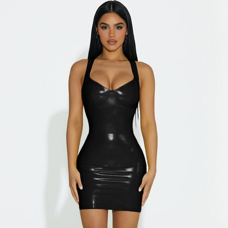 Glossy Slim Waist Fit Spaghetti Strap Dress